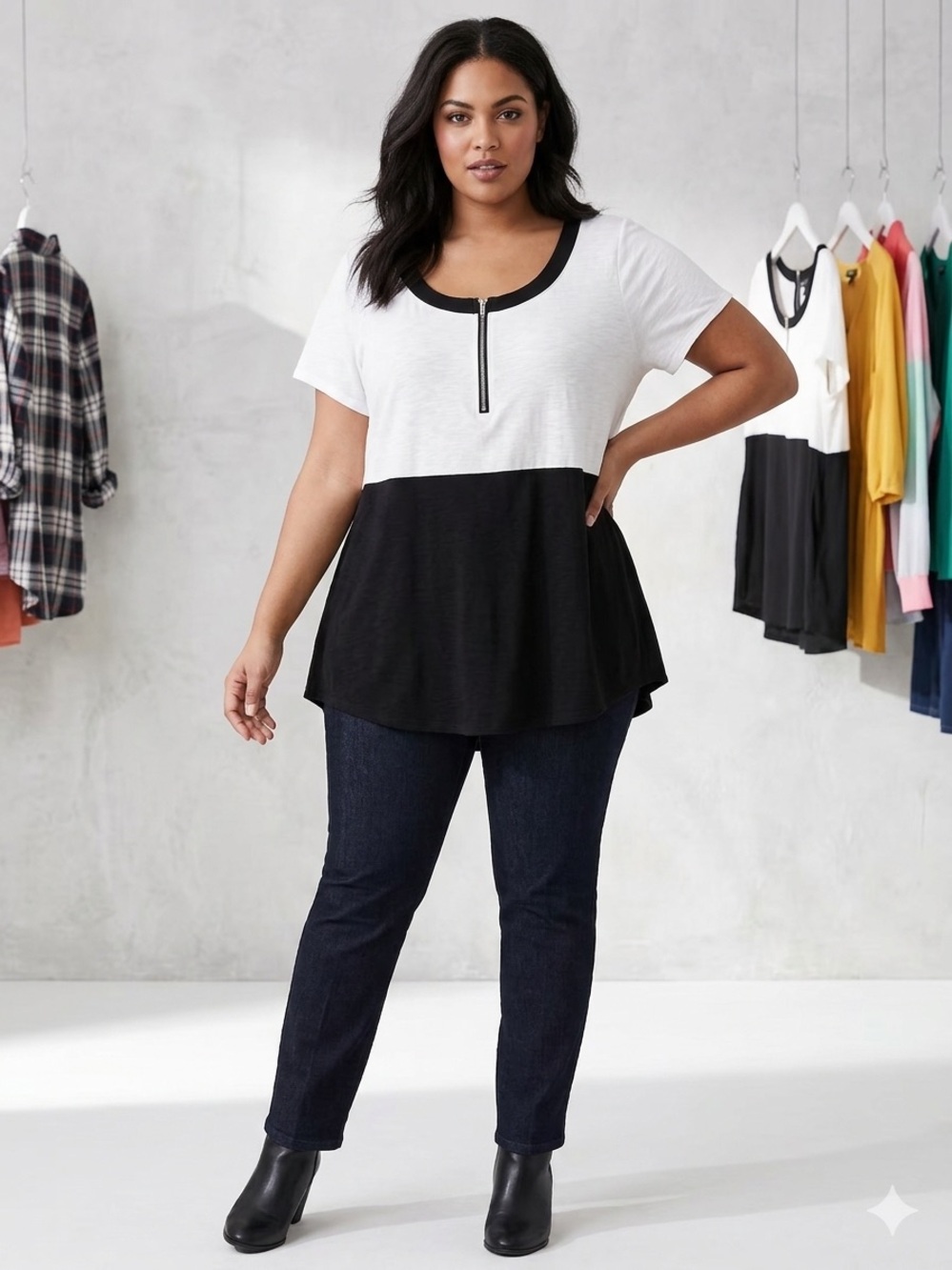 Lane Bryant Black & White Zip-Front Colorblock Tee